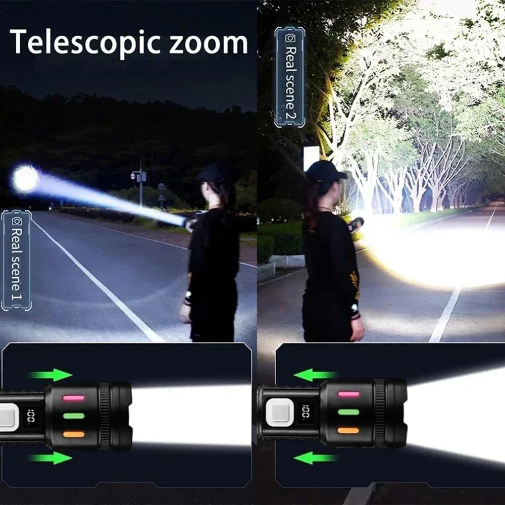 High Power Long-range Lantern Super Bright LED Flashlight USB Charging Zoomable Flashlight Power Display Super Bright Flashlight 5 Gears for Camping Hiking