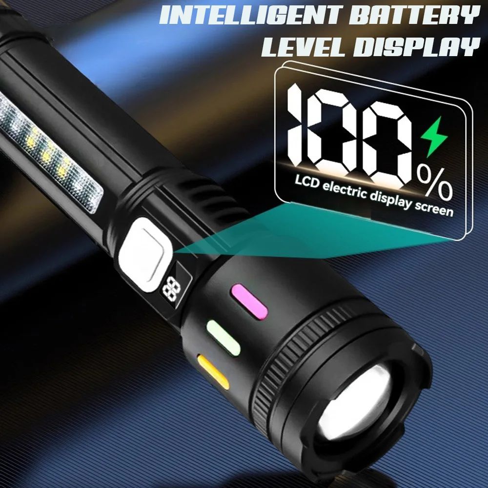 High Power Long-range Lantern Super Bright LED Flashlight USB Charging Zoomable Flashlight Power Display Super Bright Flashlight 5 Gears for Camping Hiking