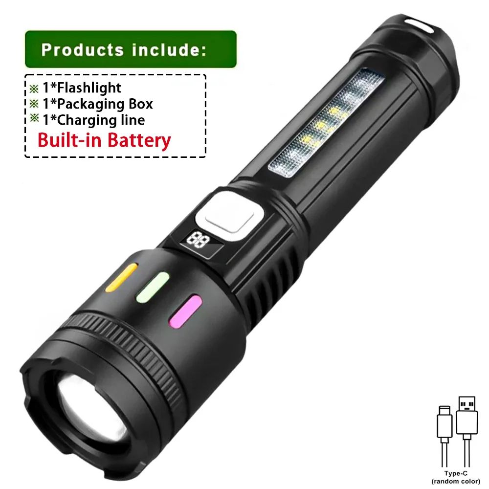 High Power Long-range Lantern Super Bright LED Flashlight USB Charging Zoomable Flashlight Power Display Super Bright Flashlight 5 Gears for Camping Hiking