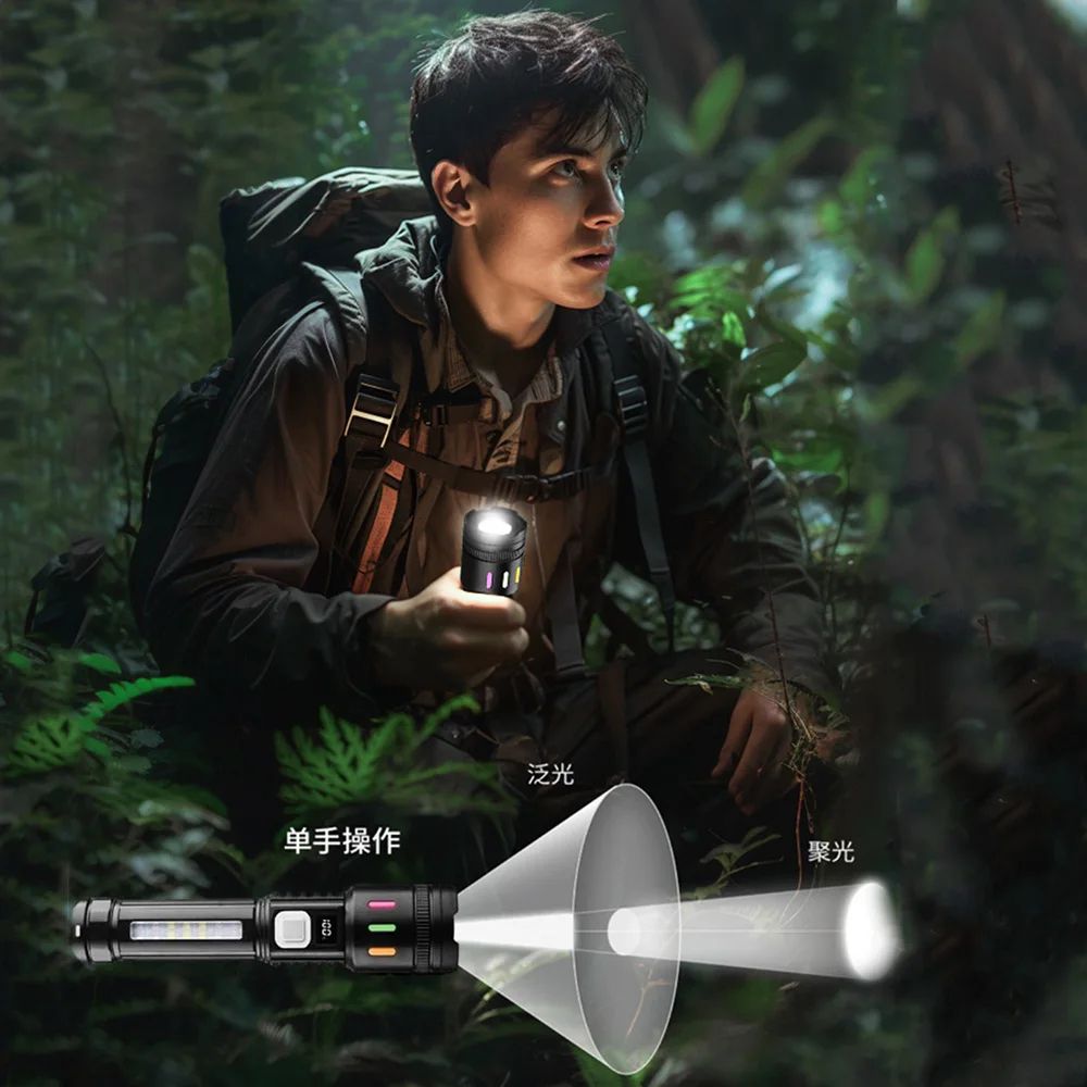 High Power Long-range Lantern Super Bright LED Flashlight USB Charging Zoomable Flashlight Power Display Super Bright Flashlight 5 Gears for Camping Hiking