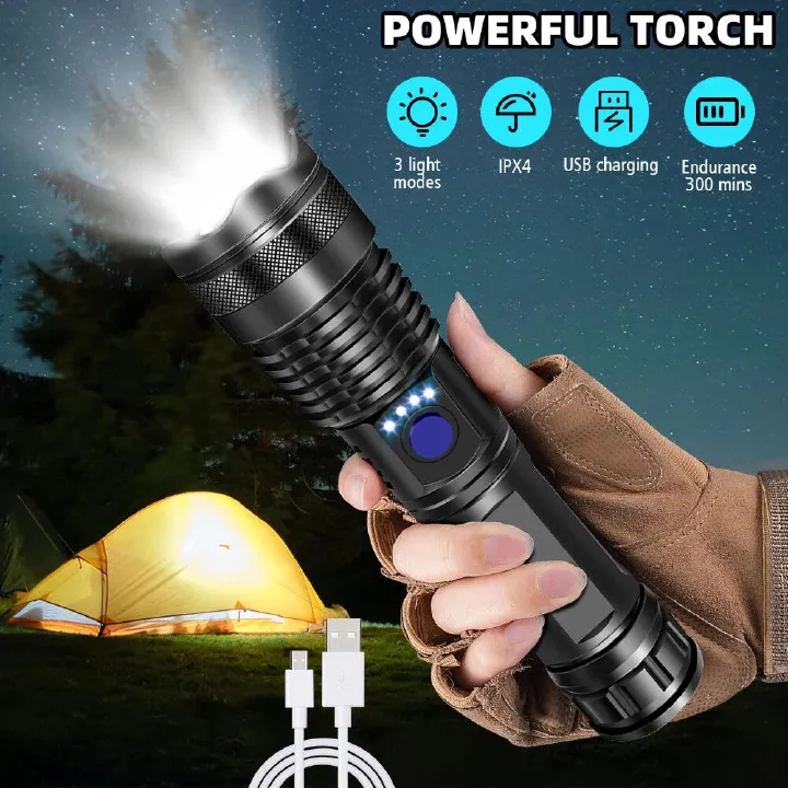 Super Bright USB Rechargeable LED Torch Flashlight Outdoor Flashlight Portable Built-in Battery Power Torch lamp Camping Lantern