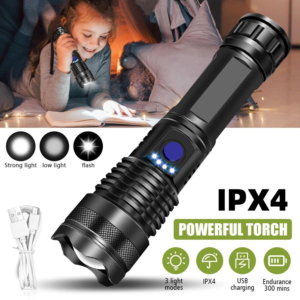 Super Bright USB Rechargeable LED Torch Flashlight Outdoor Flashlight Portable Built-in Battery Power Torch lamp Camping Lantern
