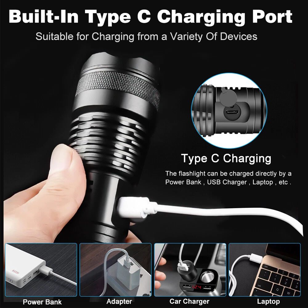 Super Bright USB Rechargeable LED Torch Flashlight Outdoor Flashlight Portable Built-in Battery Power Torch lamp Camping Lantern
