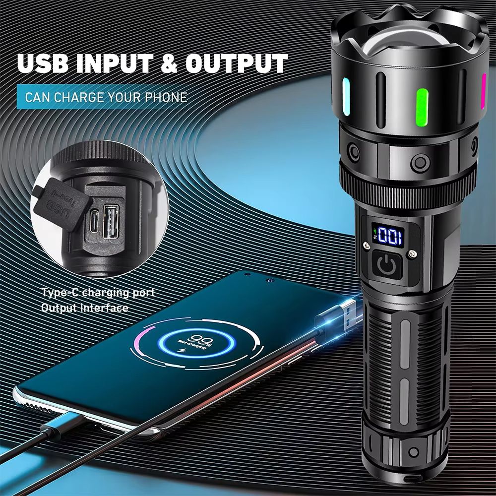 High Power Long Range LED Flashlight Strong Light Lantern USB Rechargeable Tactical Torch Outdoor Waterproof Powerful Zoom Lamp
