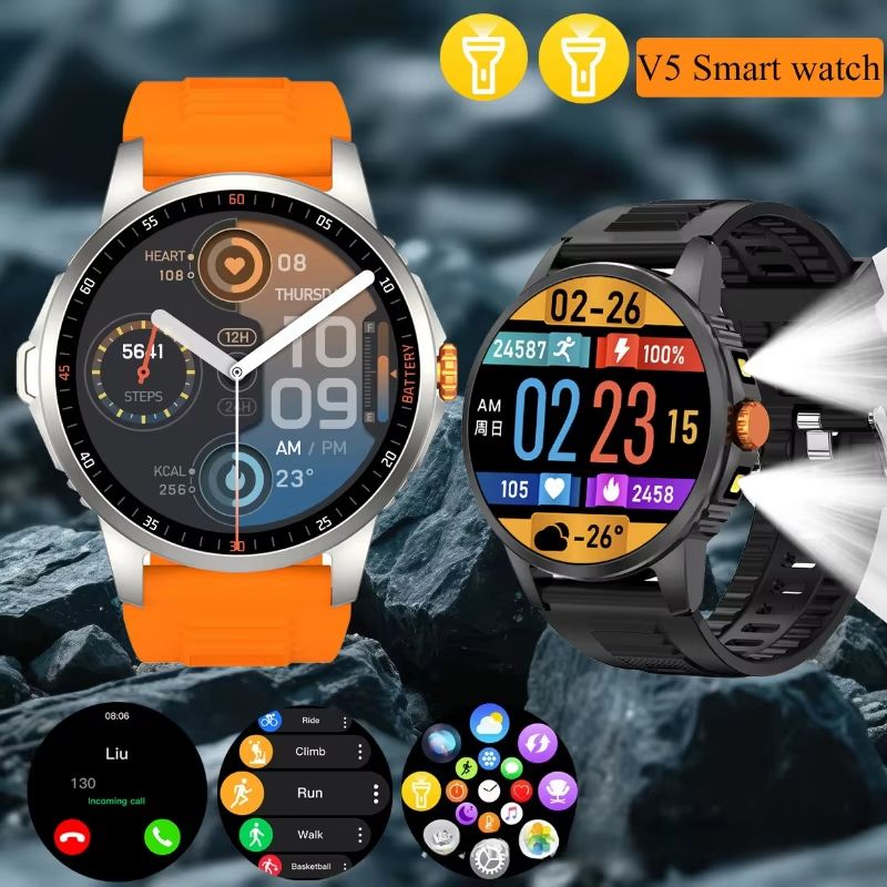 2026 New Round-Screen Flashlight Smartwatch Suitable For Outdoor Sports With LED Light And Heart Rate Blood Oxygen Blood Pressure Measurement Smart Watch