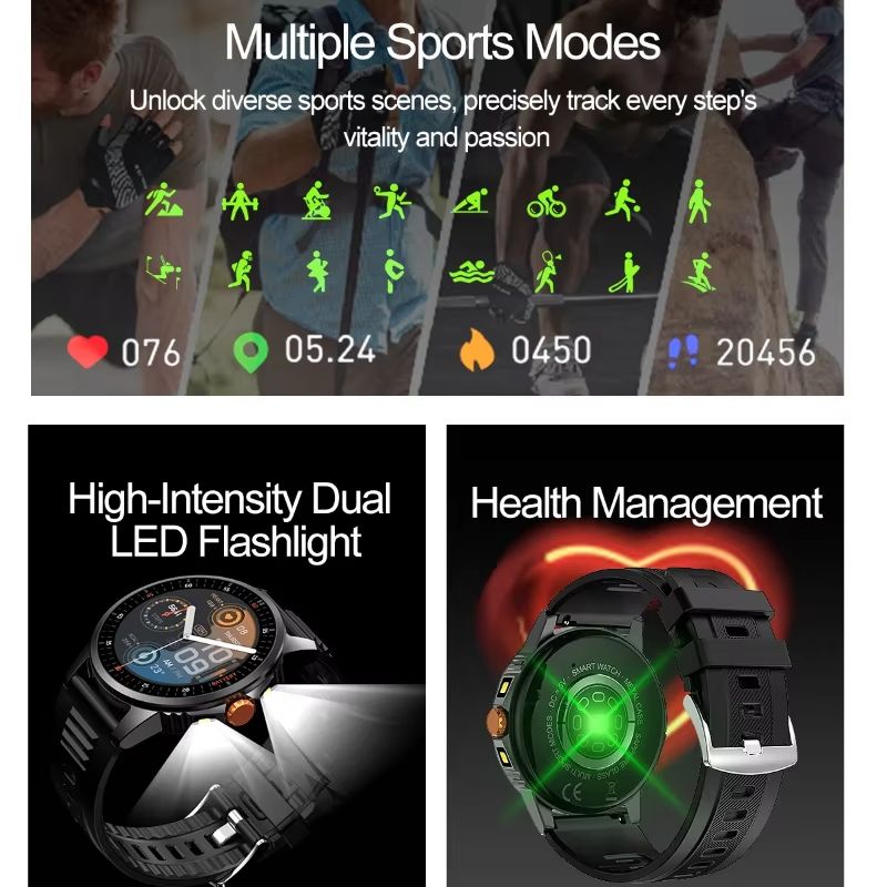2026 New Round-Screen Flashlight Smartwatch Suitable For Outdoor Sports With LED Light And Heart Rate Blood Oxygen Blood Pressure Measurement Smart Watch