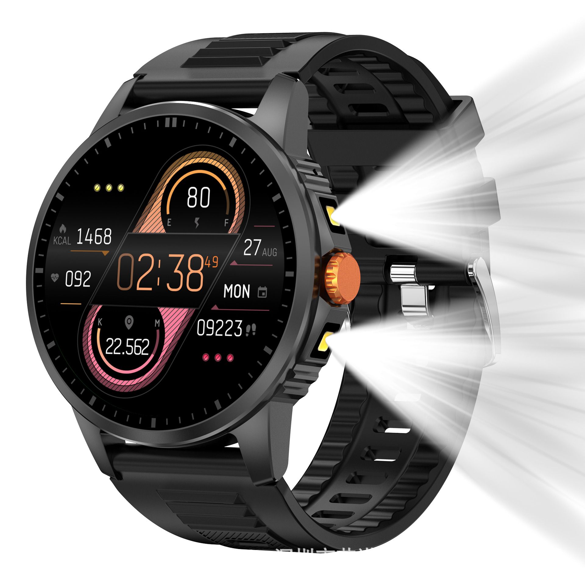 2026 New Round-Screen Flashlight Smartwatch Suitable For Outdoor Sports With LED Light And Heart Rate Blood Oxygen Blood Pressure Measurement Smart Watch