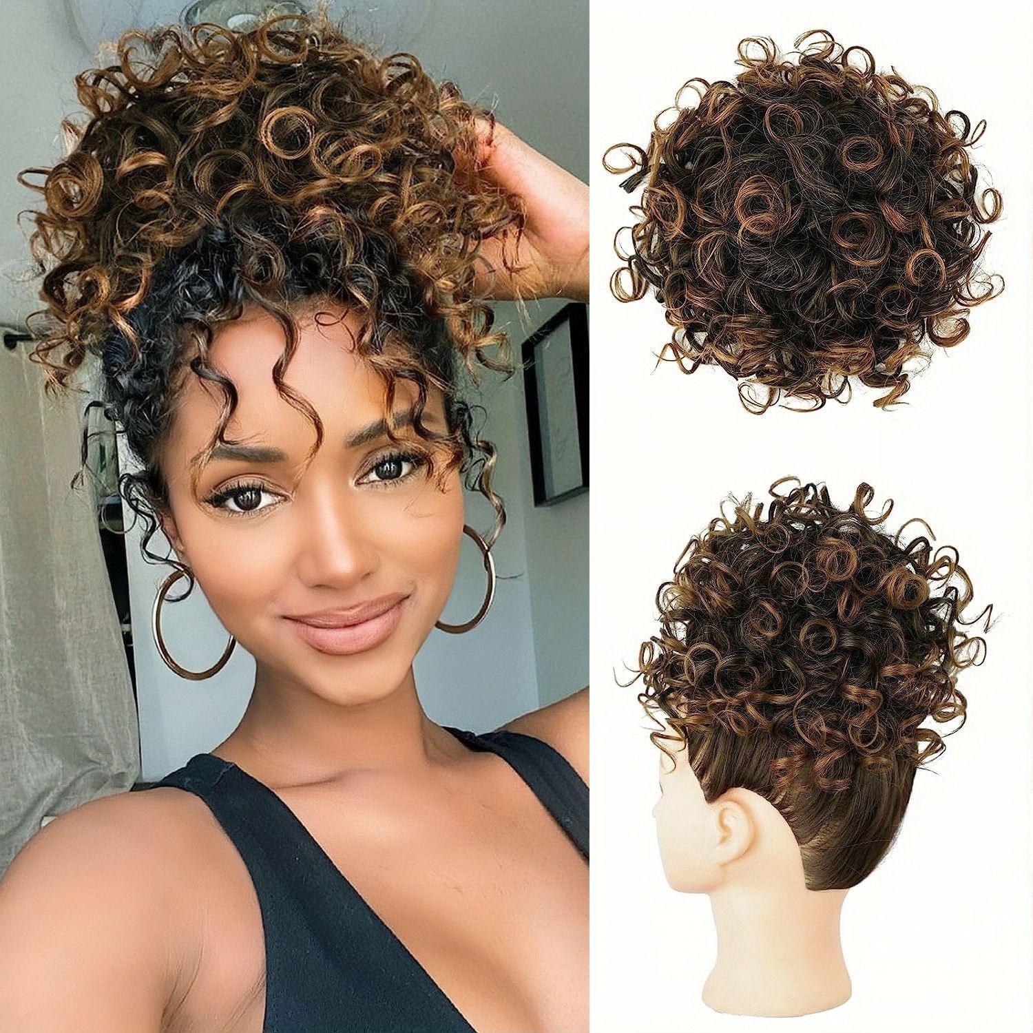 Messy Bun Hair Piece for Ladies Curly Wig Glueless Elastic Drawstring Brown Wigs Short Synthetic Wig Hair Extension for Daily & Party Use