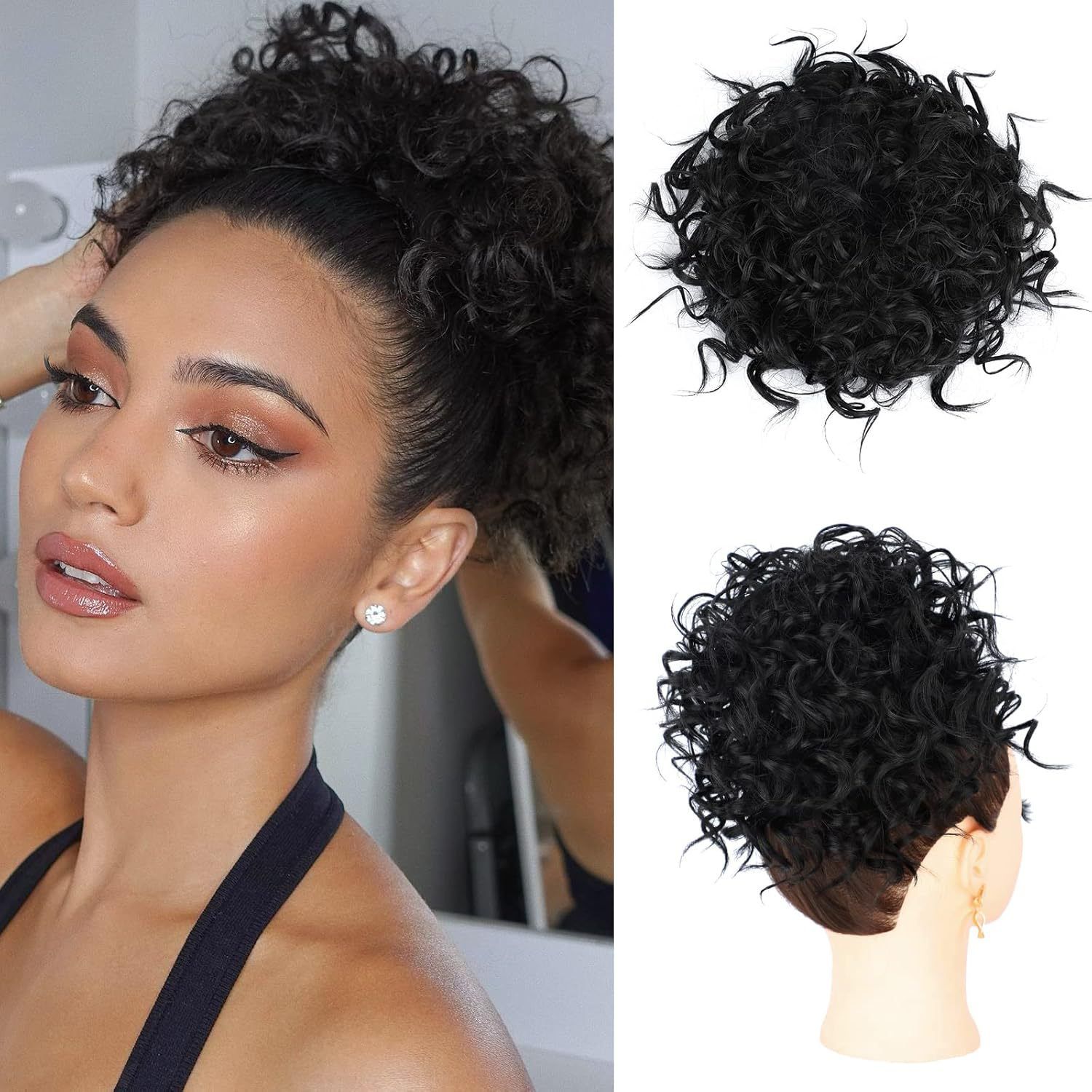Messy Bun Hair Piece for Ladies Curly Wig Glueless Elastic Drawstring Brown Wigs Short Synthetic Wig Hair Extension for Daily & Party Use