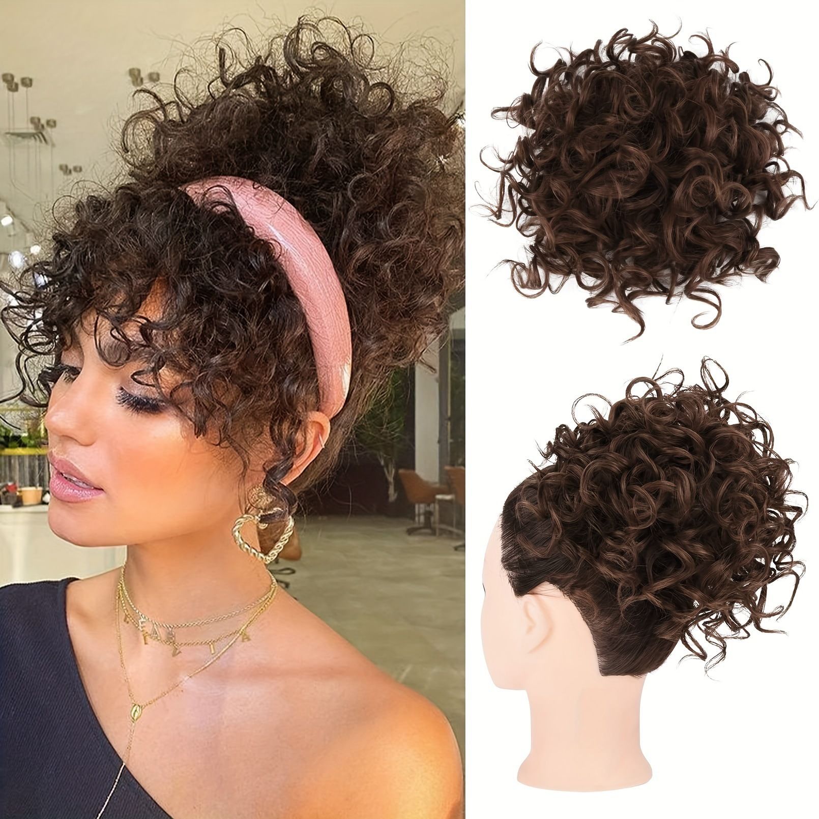 Messy Bun Hair Piece for Ladies Curly Wig Glueless Elastic Drawstring Brown Wigs Short Synthetic Wig Hair Extension for Daily & Party Use