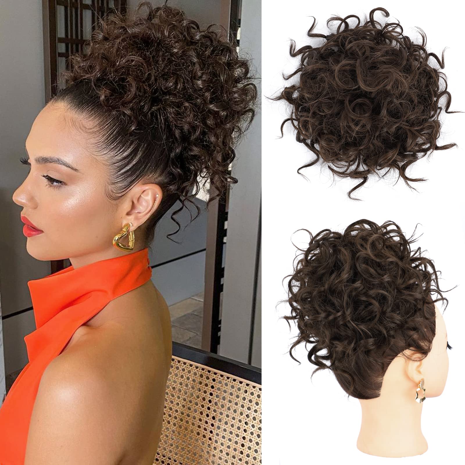 Messy Bun Hair Piece for Ladies Curly Wig Glueless Elastic Drawstring Brown Wigs Short Synthetic Wig Hair Extension for Daily & Party Use