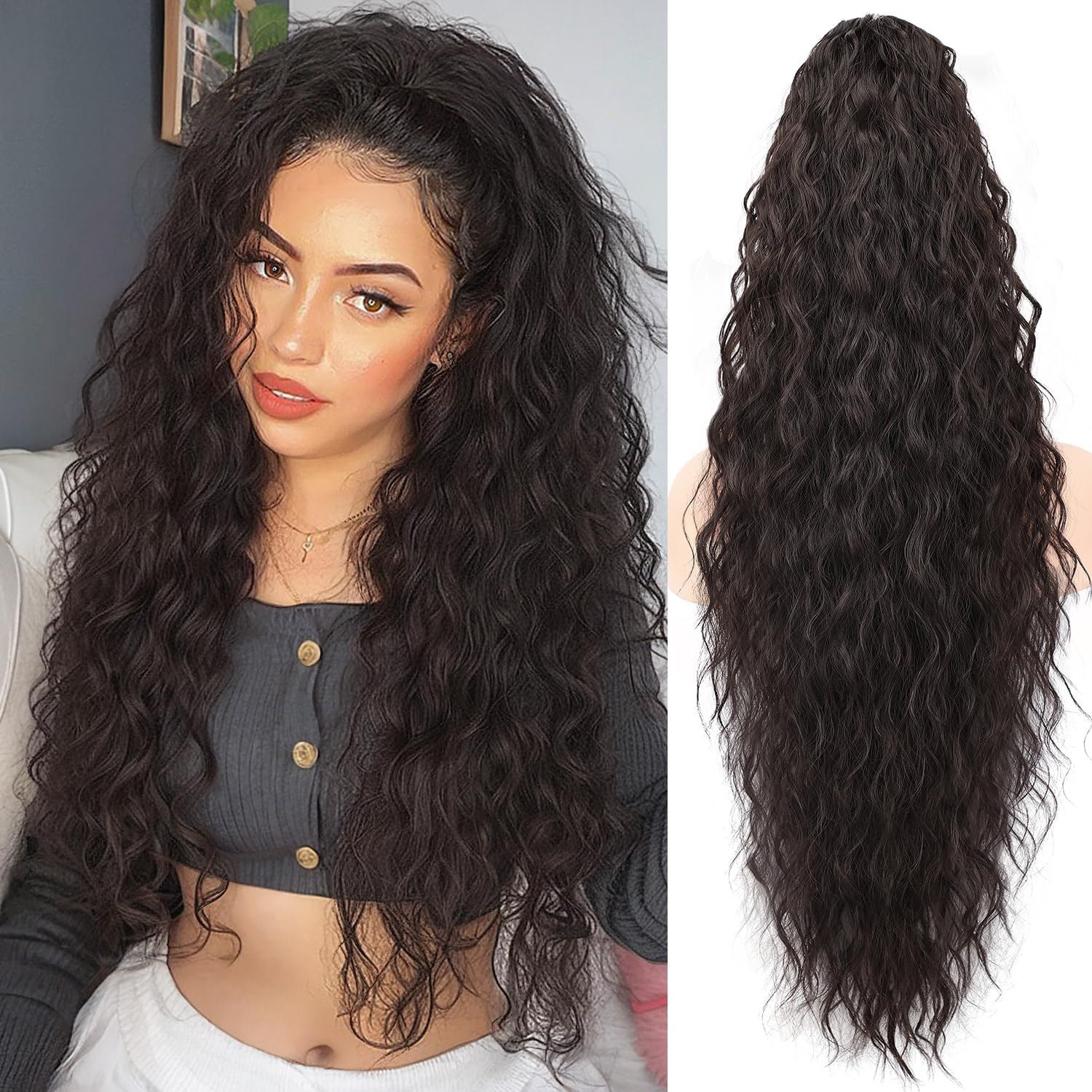 30 Inch Curly Ponytail Extension Wig for Ladies Long Wigs Brown Wigs Curly Claw Clip Multi Layered Synthetic Hair Piece Natural Fluffy Look