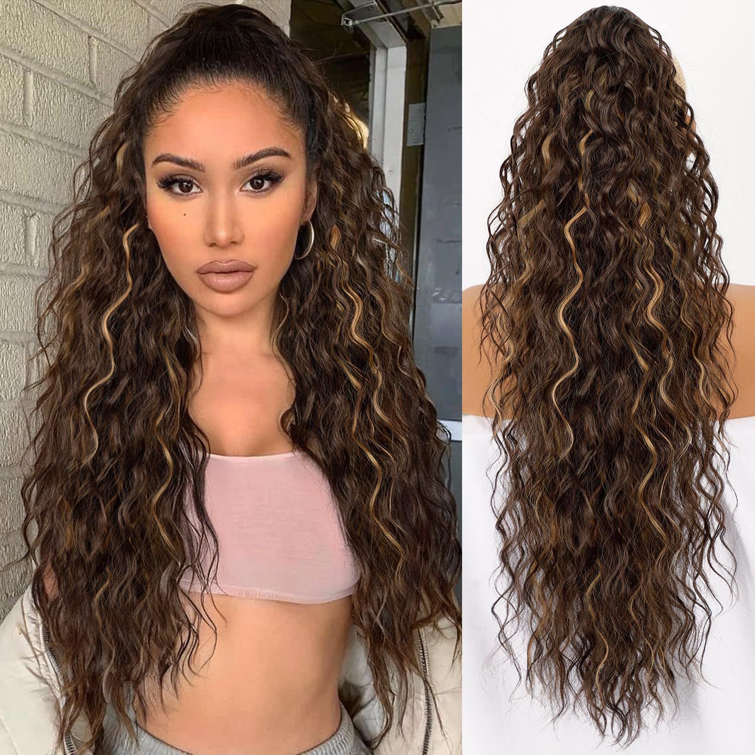30 Inch Curly Ponytail Extension Wig for Ladies Long Wigs Brown Wigs Curly Claw Clip Multi Layered Synthetic Hair Piece Natural Fluffy Look