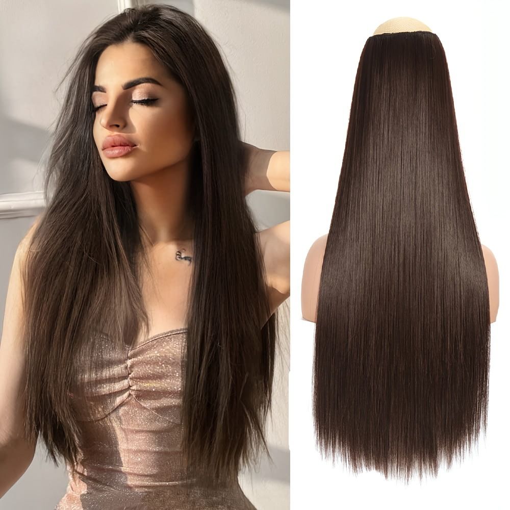 Long Straight Wig for Lady 3/4 Full Head One Piece Clip In Hair Extensions Brown Black Wigs Natural Straight Hair Wig 5 Clips No Glue