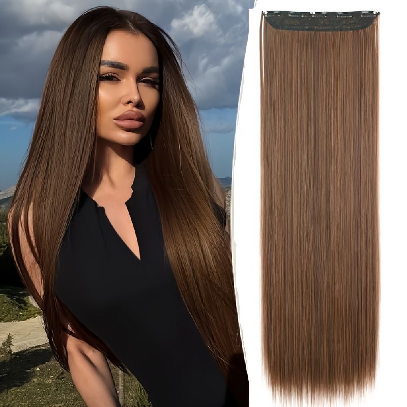 Long Straight Wig for Lady 3/4 Full Head One Piece Clip In Hair Extensions Brown Black Wigs Natural Straight Hair Wig 5 Clips No Glue