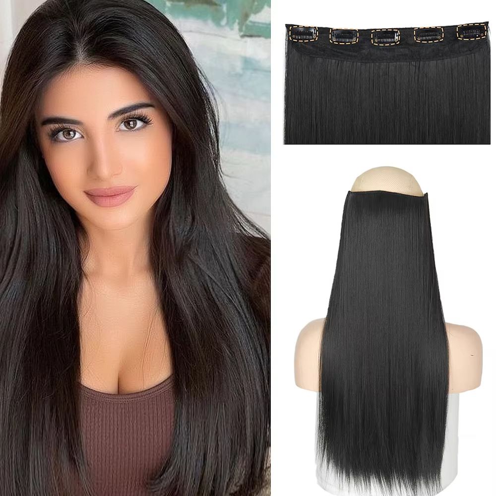 Long Straight Wig for Lady 3/4 Full Head One Piece Clip In Hair Extensions Brown Black Wigs Natural Straight Hair Wig 5 Clips No Glue