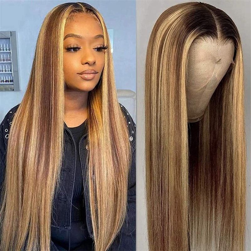 26 Inch Long Straight Wig for Lady Front Lace Wig Natural Looking Long Straight Wigs Fashion Lace Wigs for Women Multi Color Hair Wig with Free Wig Cap