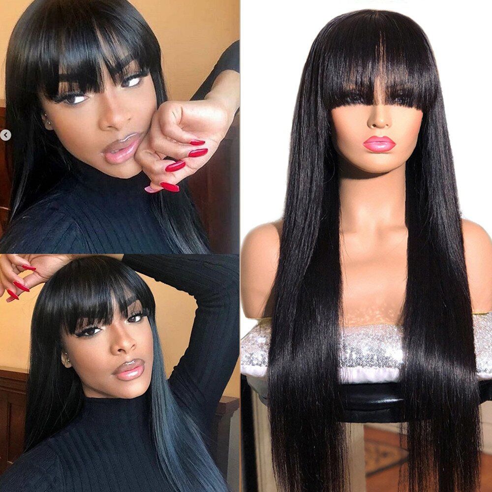 65cm Long Straight Wig with Bangs for Lady Natural Looking Long Straight Wigs Synthetic Hair Wig Full Fringe Wigs for Women Daily Use