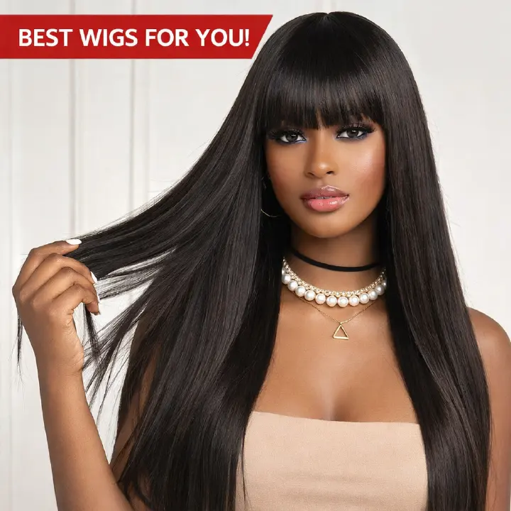 65cm Long Straight Wig with Bangs for Lady Natural Looking Long Straight Wigs Synthetic Hair Wig Full Fringe Wigs for Women Daily Use