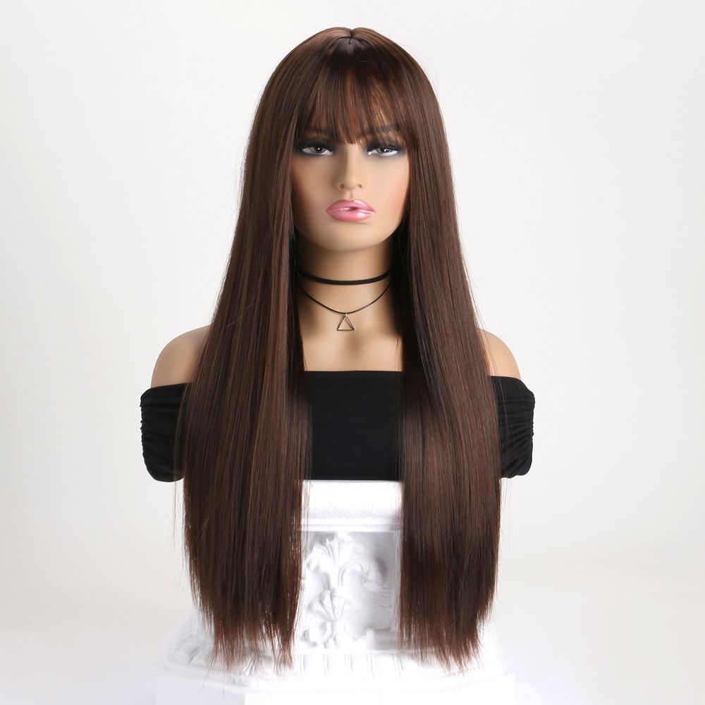 65cm Long Straight Wig with Bangs for Lady Natural Looking Long Straight Wigs Synthetic Hair Wig Full Fringe Wigs for Women Daily Use