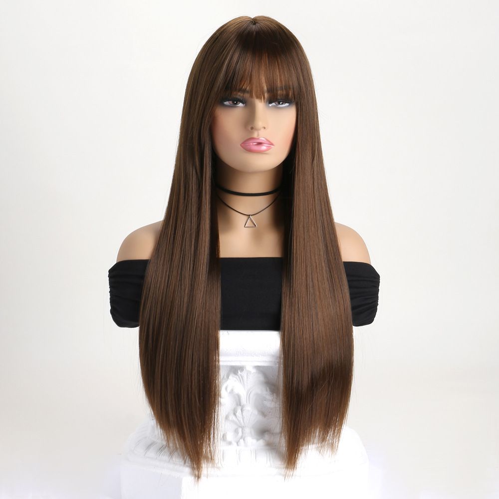 65cm Long Straight Wig with Bangs for Lady Natural Looking Long Straight Wigs Synthetic Hair Wig Full Fringe Wigs for Women Daily Use