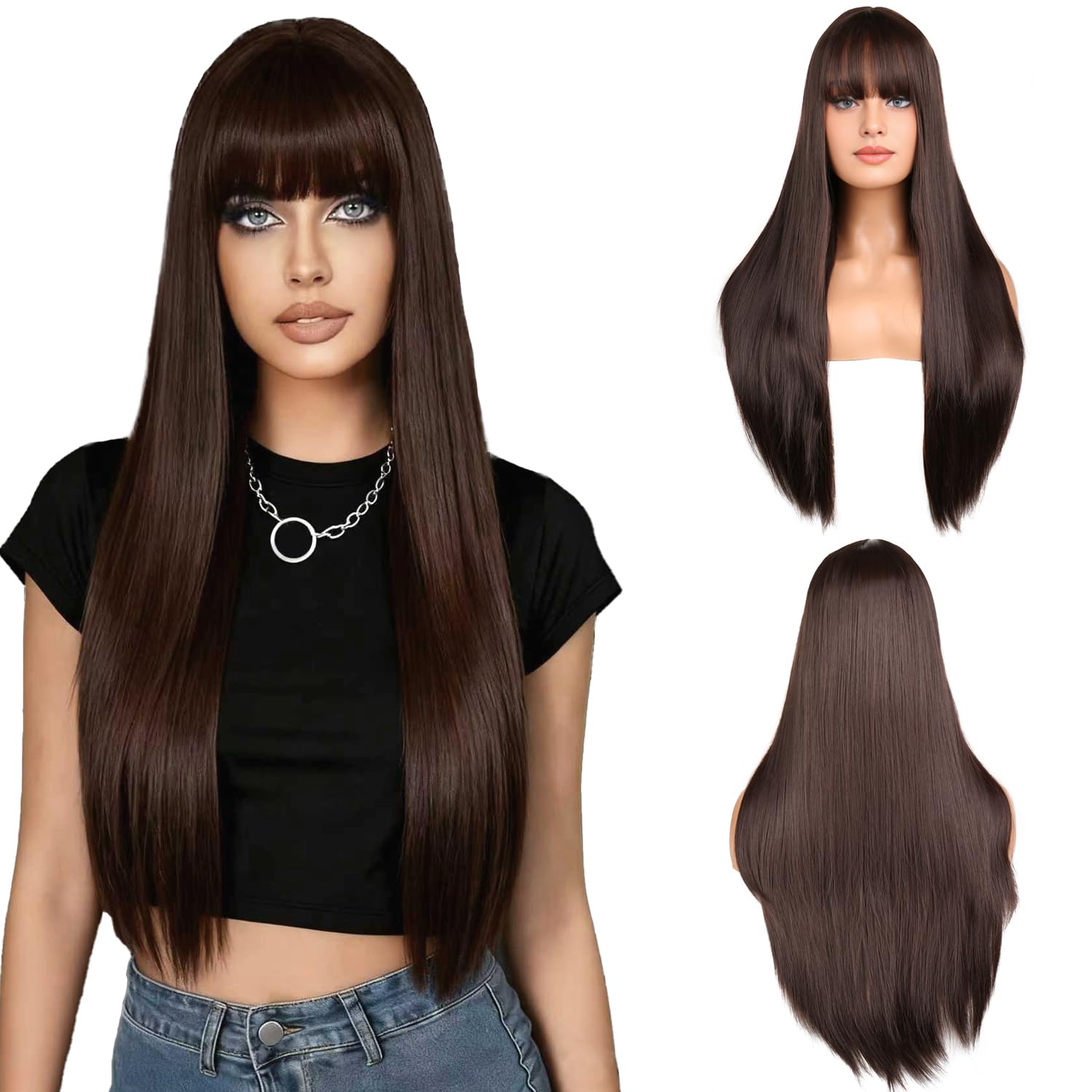 65cm Long Straight Wig with Bangs for Lady Natural Looking Long Straight Wigs Synthetic Hair Wig Full Fringe Wigs for Women Daily Use