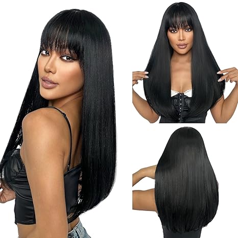 65cm Long Straight Wig with Bangs for Lady Natural Looking Long Straight Wigs Synthetic Hair Wig Full Fringe Wigs for Women Daily Use
