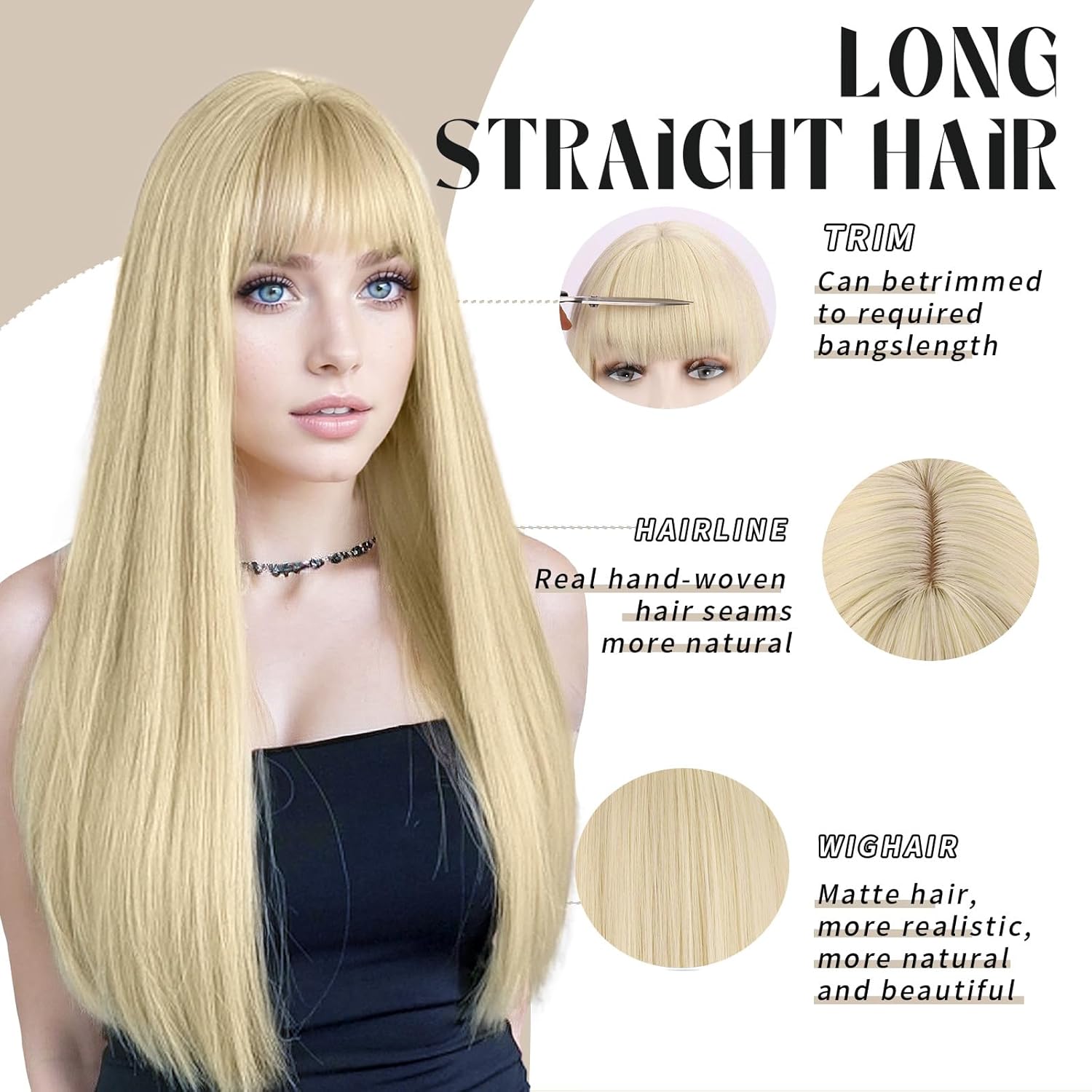 65cm Long Straight Wig with Bangs for Lady Natural Looking Long Straight Wigs Synthetic Hair Wig Full Fringe Wigs for Women Daily Use