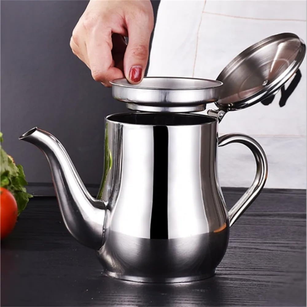 Stainless Steel Oil Dispenser with Strainer Oil Storage Can Grease Container Oil Filter Pot Fine Mesh Cooking Oil Holder for Kitchen Restaurant