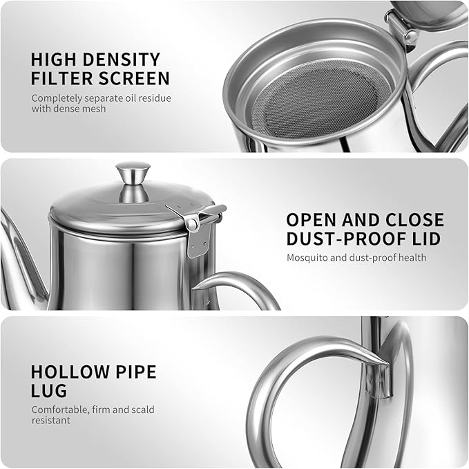 Stainless Steel Oil Dispenser with Strainer Oil Storage Can Grease Container Oil Filter Pot Fine Mesh Cooking Oil Holder for Kitchen Restaurant
