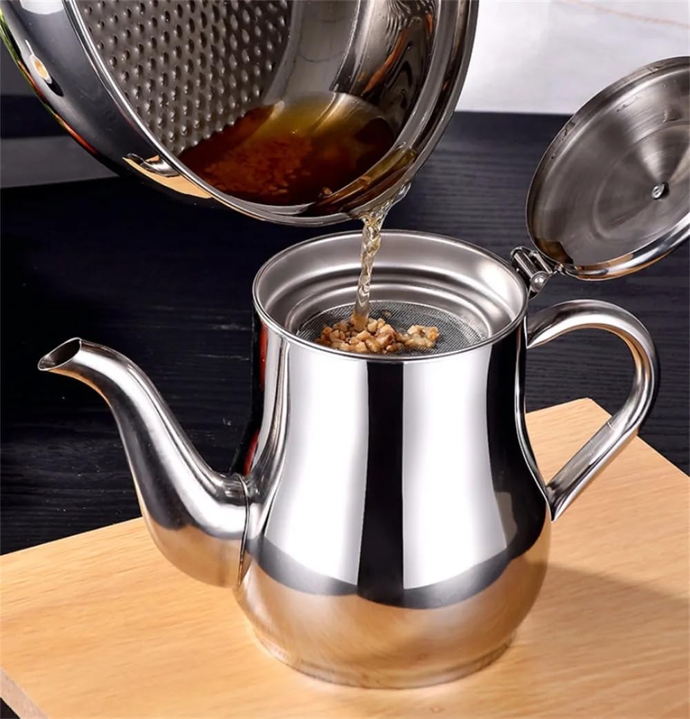 Stainless Steel Oil Dispenser with Strainer Oil Storage Can Grease Container Oil Filter Pot Fine Mesh Cooking Oil Holder for Kitchen Restaurant