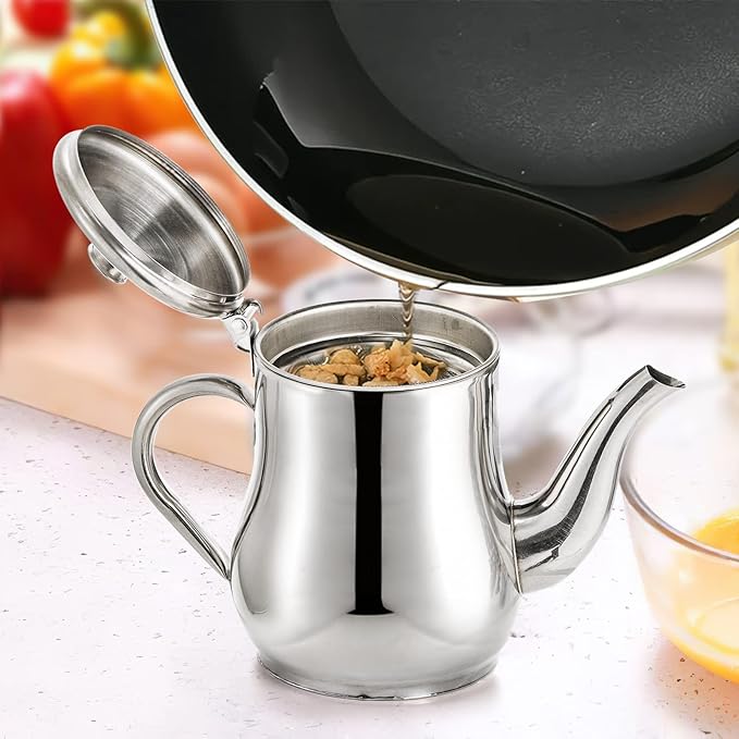 Stainless Steel Oil Dispenser with Strainer Oil Storage Can Grease Container Oil Filter Pot Fine Mesh Cooking Oil Holder for Kitchen Restaurant