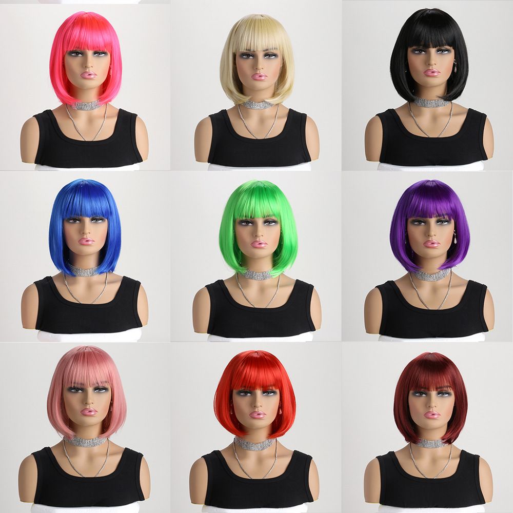 Short Straight Bob Wig for Lady Synthetic Hair Wig with Bangs Natural Looking Straight Wigs for Lady Daily Wear Party Cosplay Fashion Wig