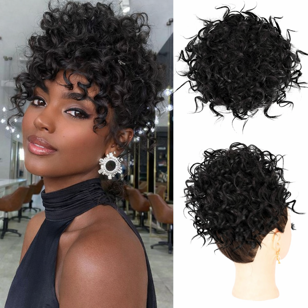 Messy Bun Hair Piece for Ladies Curly Wig Glueless Elastic Drawstring Brown Wigs Short Synthetic Wig Hair Extension for Daily & Party Use