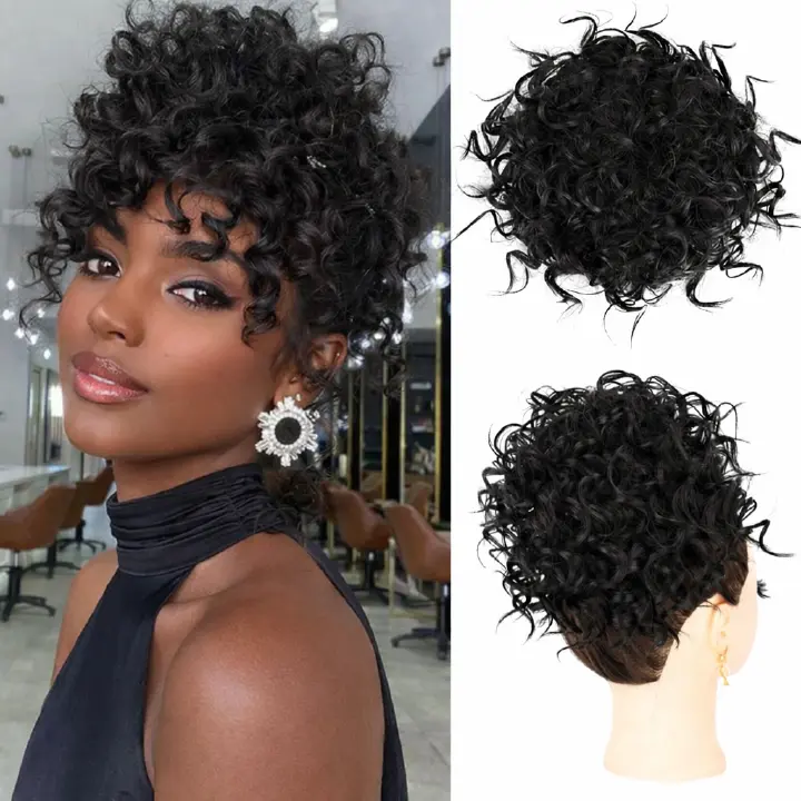 Messy Bun Hair Piece for Ladies Curly Wig Glueless Elastic Drawstring Brown Wigs Short Synthetic Wig Hair Extension for Daily & Party Use