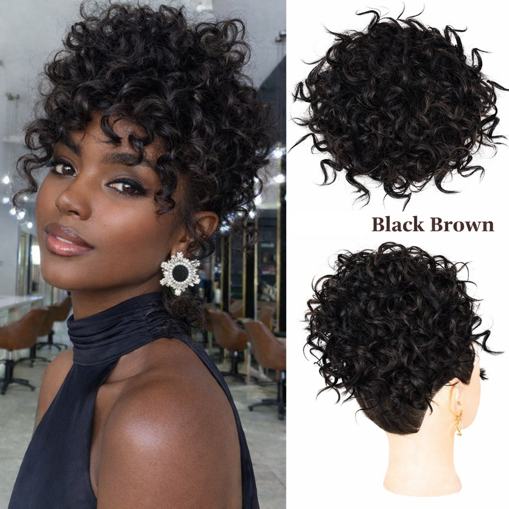 Messy Bun Hair Piece for Ladies Curly Wig Glueless Elastic Drawstring Brown Wigs Short Synthetic Wig Hair Extension for Daily & Party Use