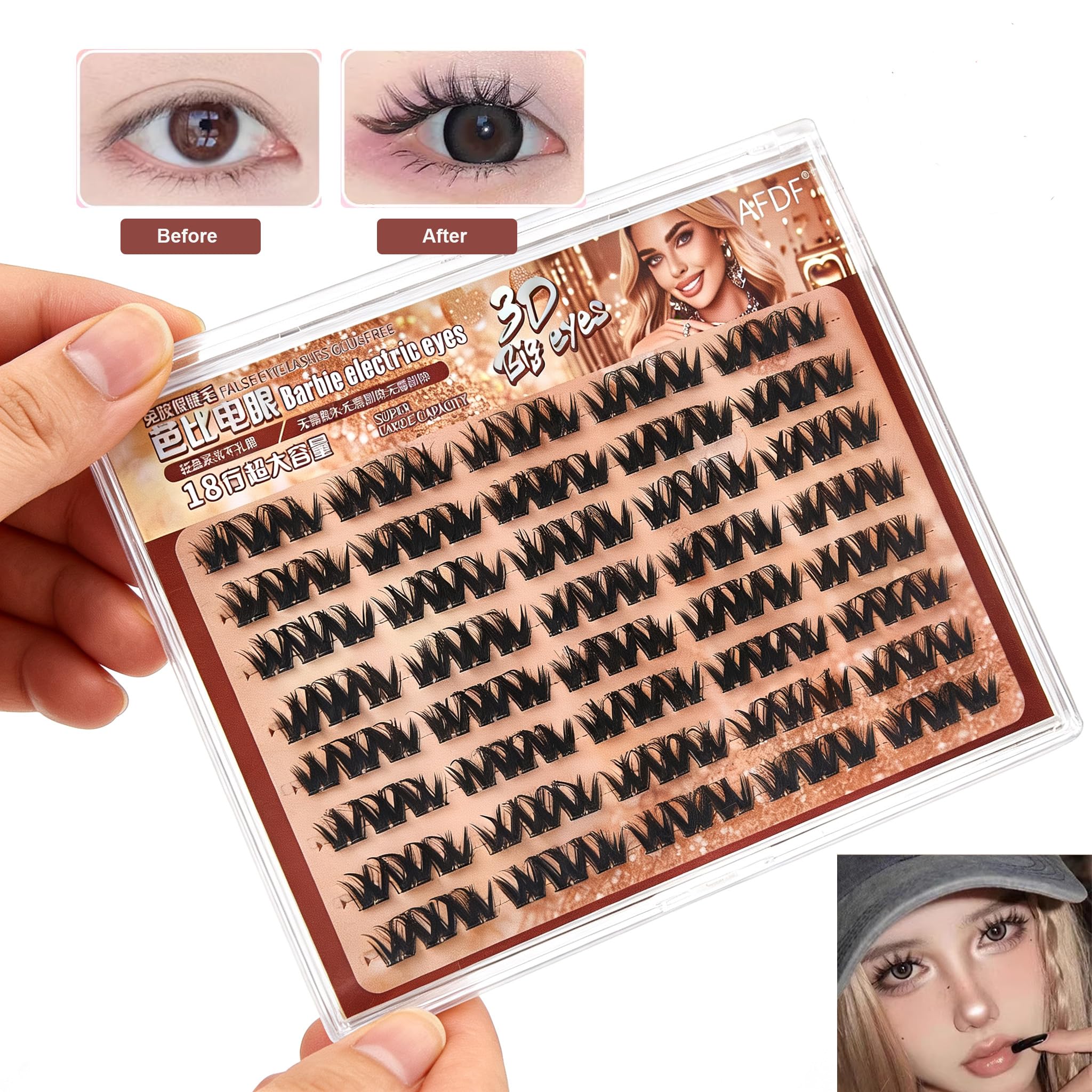 No Glue Needed Lashes, 16mm 5D Eyelash Clusters Self Adhesive False Eyelash Set, Natural Lash Kit, Reusable Eyelashes with Optional Eyelash Tweezer Tool