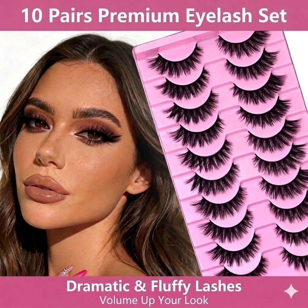 10 Pairs Faux 3D Lashes Dramatic False Eyelash Set Thick Volume Lashes, Full Strip Eyelash Natural Look, Reusable False Eyelash, Soft Fiber Lash Kit
