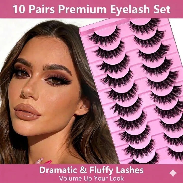 10 Pairs Faux 3D Lashes Dramatic False Eyelash Set Thick Volume Lashes, Full Strip Eyelash Natural Look, Reusable False Eyelash, Soft Fiber Lash Kit