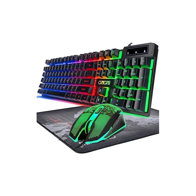 Keyboard and Mouse Gaming LED Wired Combo with Emitting Character Keyboard 4800DPI 2 Side Button USB Mouse Rainbow Backlit Mechanical Feeling Compatible with PC Raspberry Pi Mac Xbox one ps4