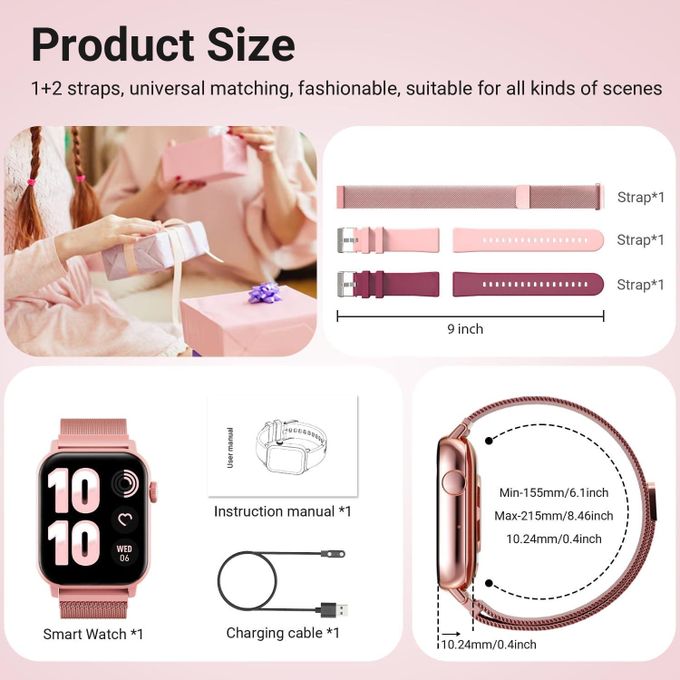 Smart Watches For Women, 1.83" HD Fitness Tracker (Answer/Make Calls), 120+ Sport Modes With Heart Rate/Sleep Monitor, IP68 Waterproof, 3 Bands, Fitness Watch For IOS Android, Pink