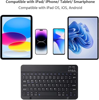 Ultra-Slim Rechargeable Bluetooth Keyboard Portable Wireless Keyboard for iPad A16 11th 10th Generation, iPad Pro iPad Air iPad Mini iPhone, Android Samsung Galaxy Tablet Smartphone Cell Phone (Black)