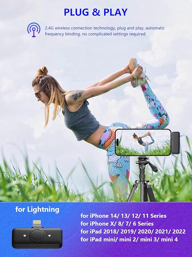 SX21 Wireless Lavalier Microphone for iPhone  Lapel Mics with Apple Lightning  Plug-Play, 150FT Range, Omnidirectional Condenser Mic for Video Recording, Interview, Podcast, Vlog, YouTube for iphone