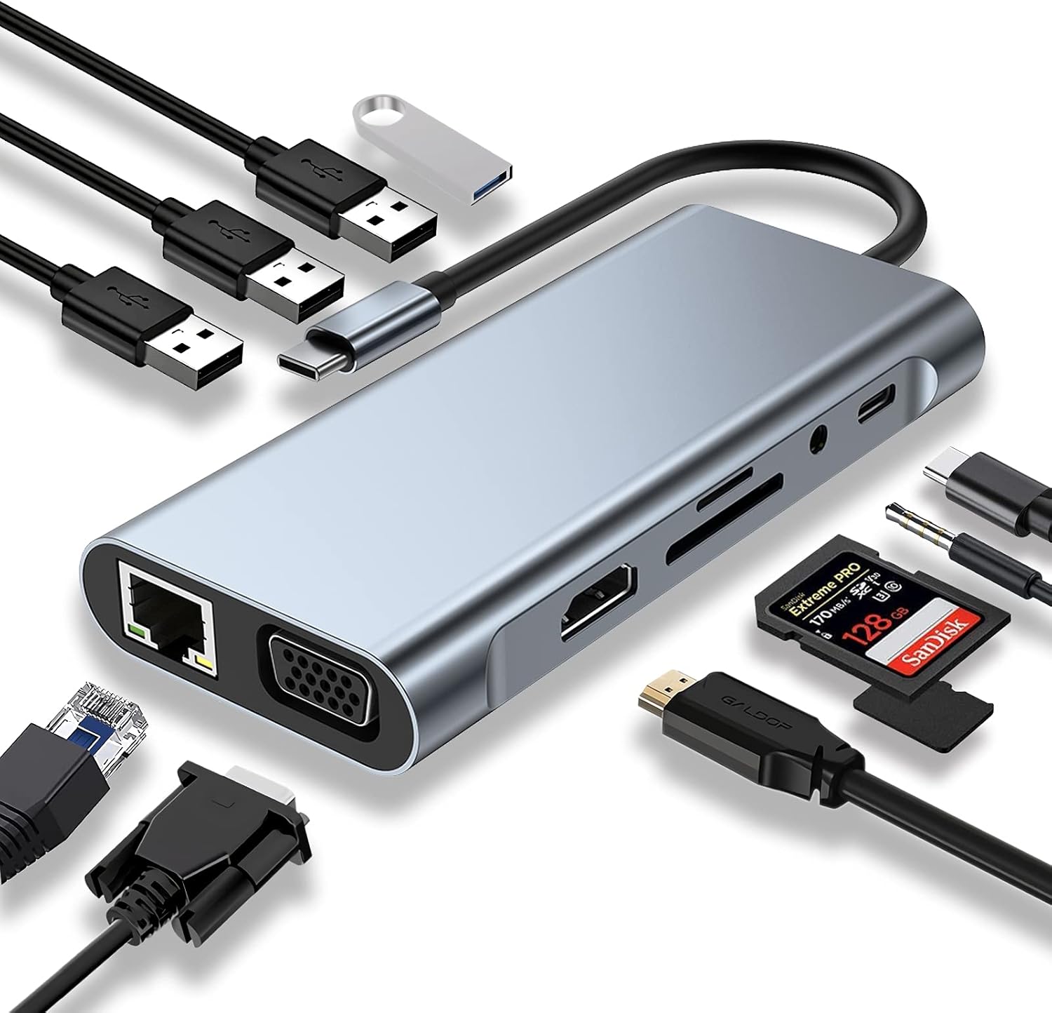 11 in 1 Dongle with 4K HDMI, VGA, Type C PD, USB3.0, RJ45 Ethernet, SD/TF Card Reader, 3.5mm AUX, Docking Station Compatible with MacBook Pro/Air, Other Type C Laptops