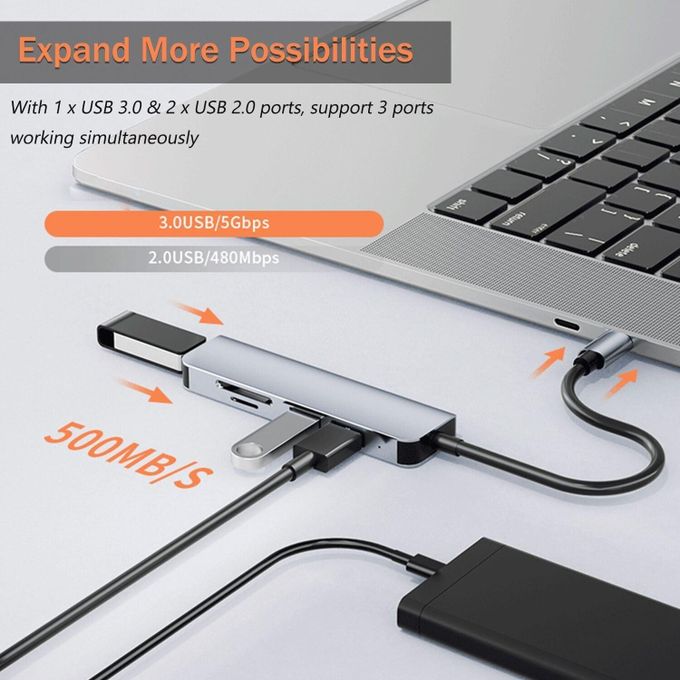 5 in 1 Aluminum USB-C Hub with Memory Card Reader and 3 USB 3.0 Ports, for PC, Laptops, MacBook Pro/Air, iMac Pro, Surface and Tablet