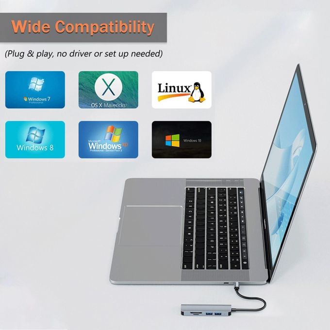 5 in 1 Aluminum USB-C Hub with Memory Card Reader and 3 USB 3.0 Ports, for PC, Laptops, MacBook Pro/Air, iMac Pro, Surface and Tablet