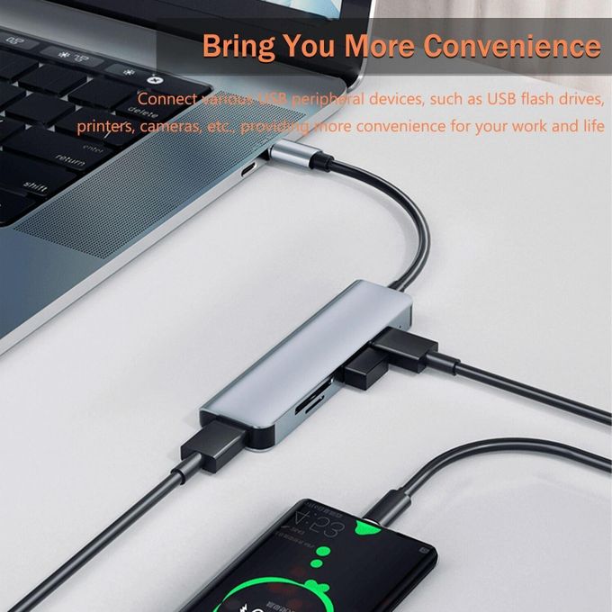 5 in 1 Aluminum USB-C Hub with Memory Card Reader and 3 USB 3.0 Ports, for PC, Laptops, MacBook Pro/Air, iMac Pro, Surface and Tablet