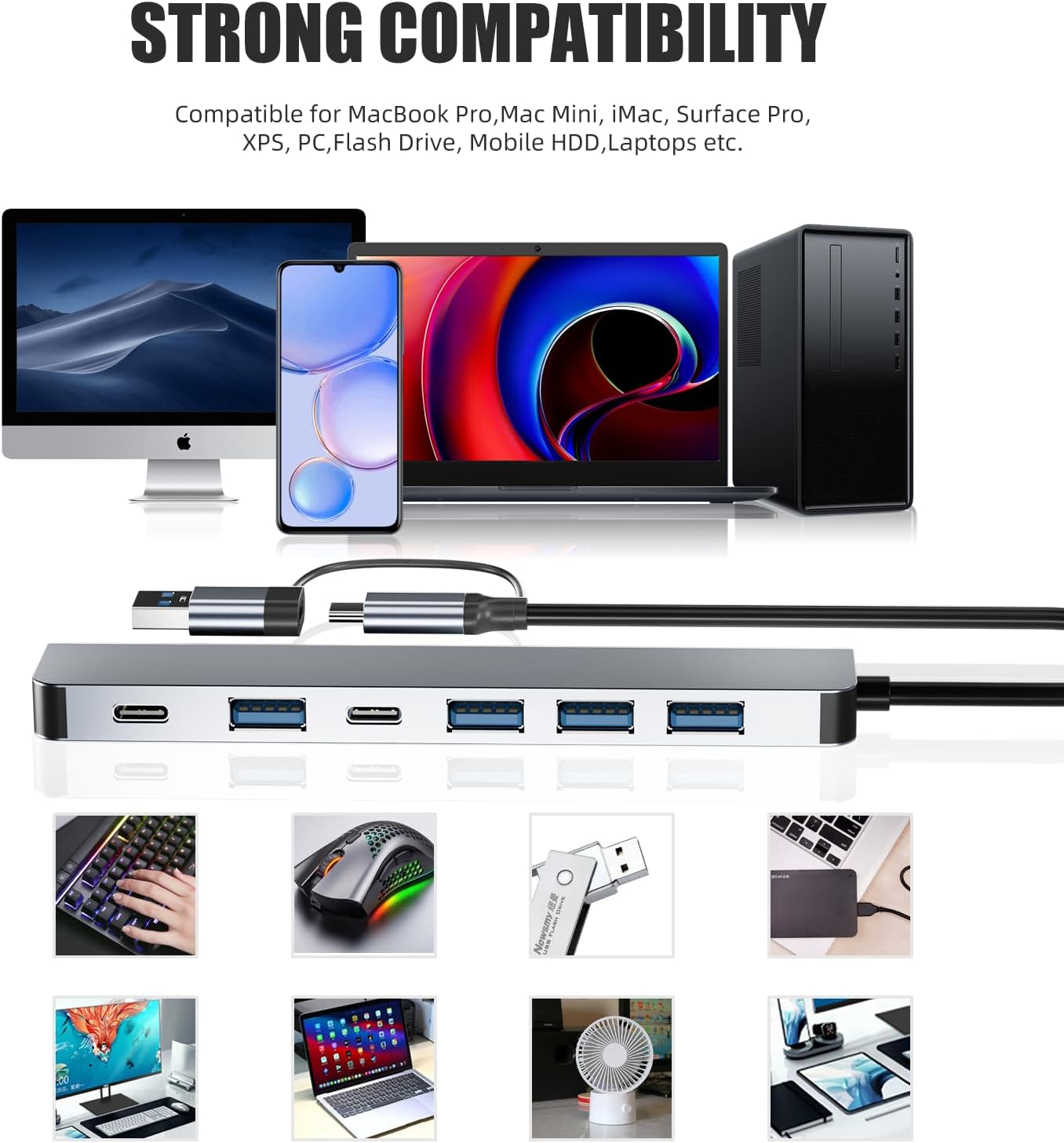 Aluminum 7 in 1 USB C Hub with USB 3.0,7 Ports with 2* USB-C and 5* USB-A, Ultra Slim Portable USB Splitter Adapter for Laptop, PS4, Flash Drive, HDD, Xbox, Printer, Mouse, Keyboard