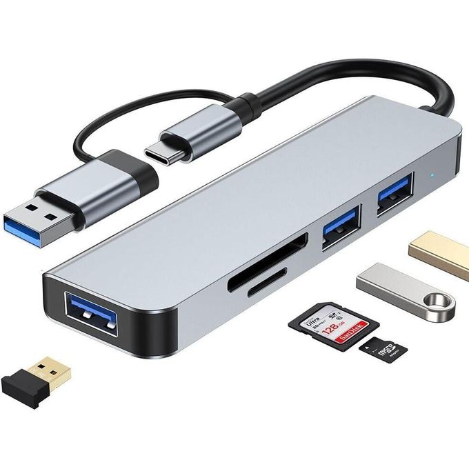 5 in 1 Aluminum USB-C Hub with Memory Card Reader and 3 USB 3.0 Ports, for PC, Laptops, MacBook Pro/Air, iMac Pro, Surface and Tablet