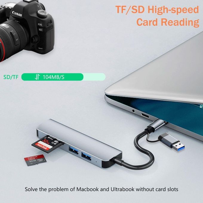5 in 1 Aluminum USB-C Hub with Memory Card Reader and 3 USB 3.0 Ports, for PC, Laptops, MacBook Pro/Air, iMac Pro, Surface and Tablet